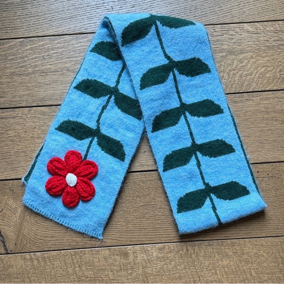 Maeve Accessories - Anthropologie Maeve Blue and Green Scarf with Red Flower